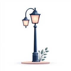 Fototapeta premium Flat style illustration of a vintage lamp post, glowing softly, isolated on white background.