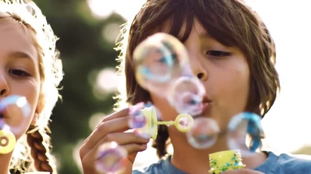 Two young children blowing bubbles outdoors on a sunny day, enjoying a playful activity.