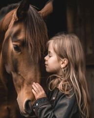 Fototapeta premium A little girl gently touches a horse’s face with eyes closed. A heartfelt moment of trust and friendship between child and animal in a stable setting