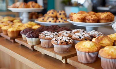 A display of muffins and pastries at a cafe