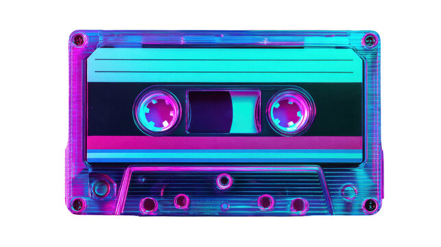 Vibrant retro cassette tape with neon colors on a white isolate background.