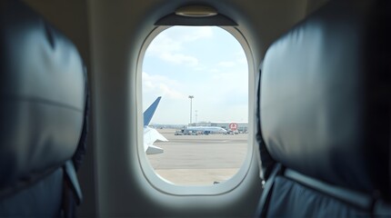 View of Airport Tarmac from Airplane Window