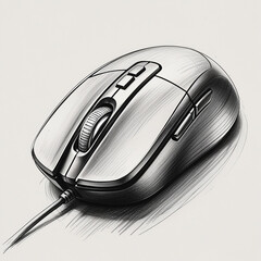 Hand Drawn Computer Mouse Illustration – Realistic Wired Mouse Sketch on White Background