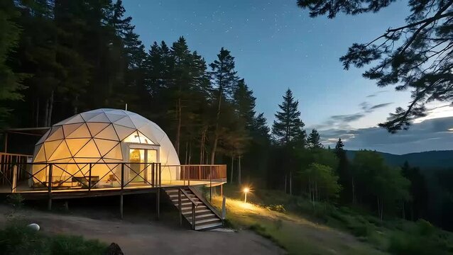 Geodesic dome illuminated at twilight offering breathtaking views of forest