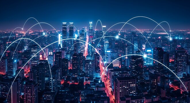 Night Cityscape with Illuminated Network Connections and Buildings - Powered by Adobe