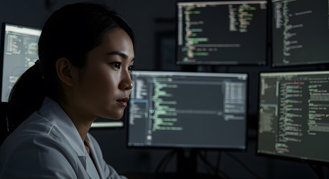 Focused woman coding on multiple computer screens in a dark room.