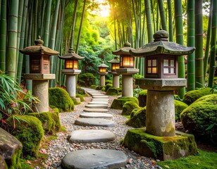 Outdoor garden path lined with smooth stone lanterns, moss‑covered rocks, dense bambo