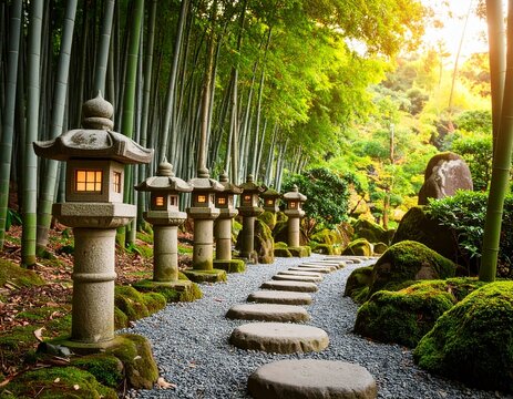 Outdoor garden path lined with smooth stone lanterns, moss‑covered rocks, dense bambo