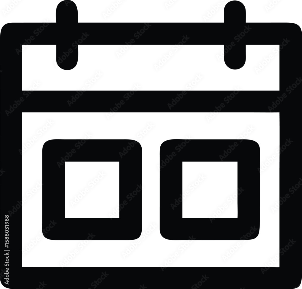 Poster bold black outline icon of a calendar with two dates highlighted isolated on transparent background