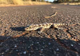 Camouflaged gecko sunning on asphalt in desert landscape