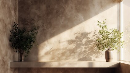 Beige corner shelf with plants, sunlit