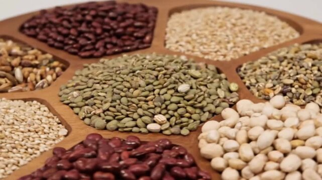 Assorted beans arranged in a wooden platter with eight sections