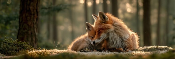 Red fox mother cuddling her baby fox in a green forest