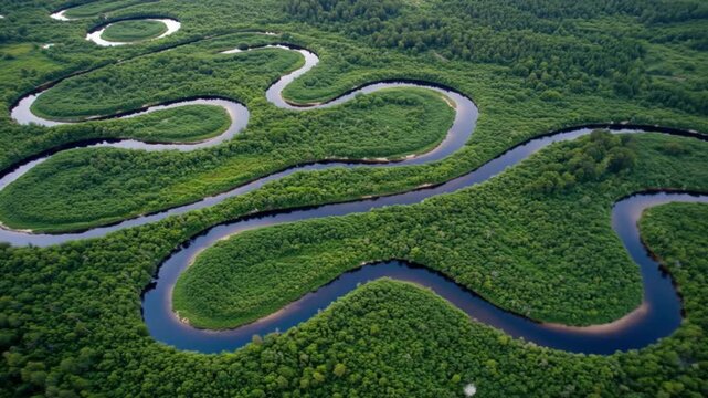 River bends through emerald forest