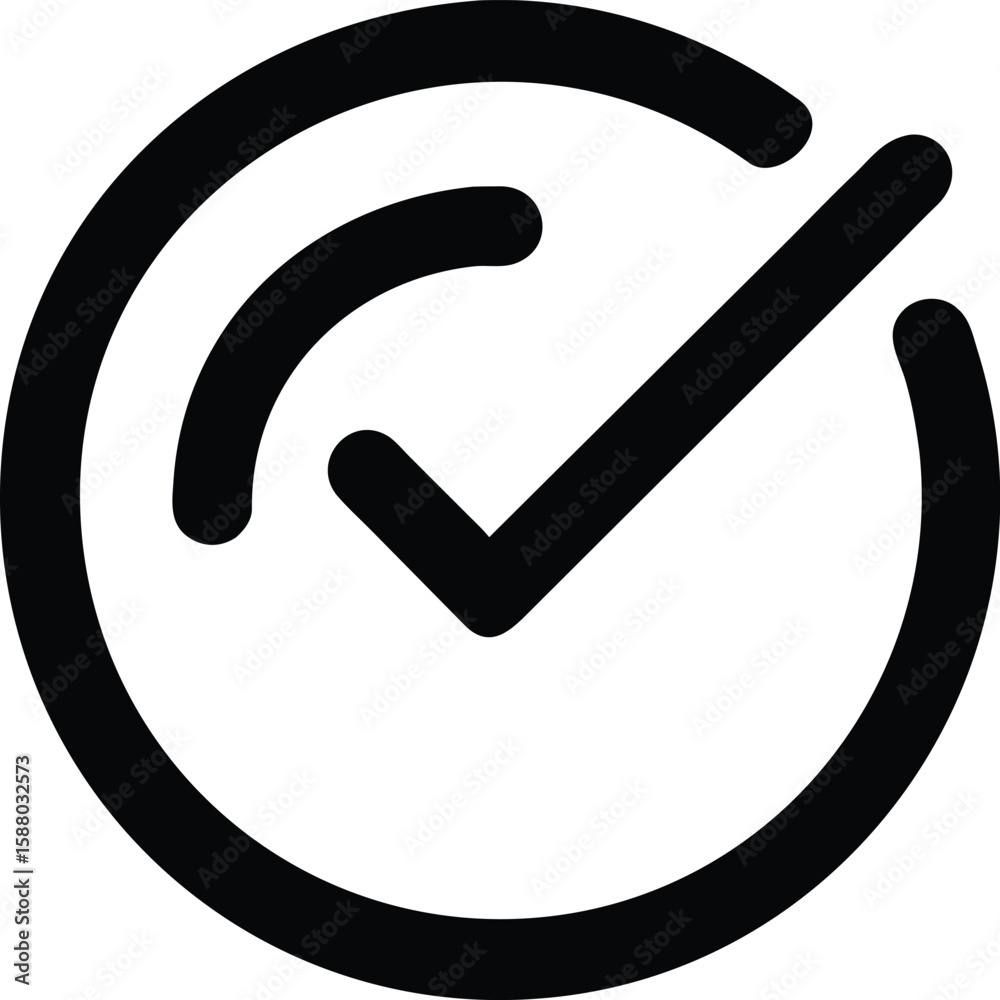 Poster bold black outline circle with a checkmark symbol representing confirmation or completion isolated o