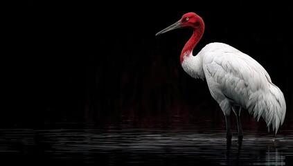 White crane with crimson crest, dark background