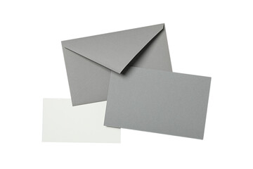 Collection of gray and white cards and envelopes, isolated on white, PNG
