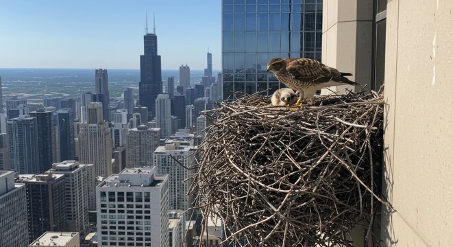 High-rise raptors: cityscape nesting of peregrine falcons with skyline backdrop