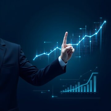Navigating Success: A professional uses the index finger pointing to upward, digital growth charts against a dark background symbolizing data-driven results and financial increase.