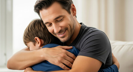 Fototapeta premium Loving father embraces young son. Paternal bond, comfort, and deep emotional connection within family.