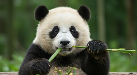 Fototapeta premium Adorable Panda Cub Enjoying Bamboo Shoot
