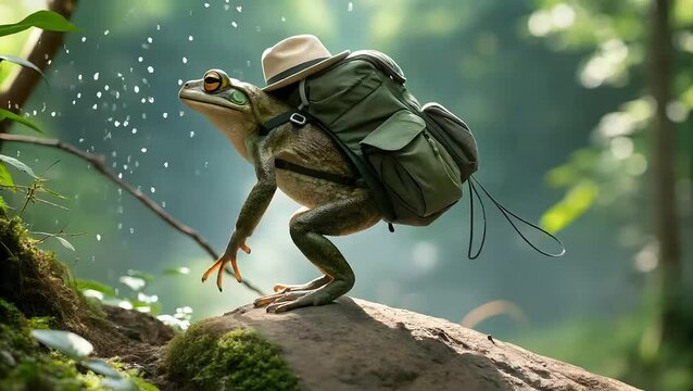 A frog with a backpack and a hiking hat. looking ready to leap into adventure