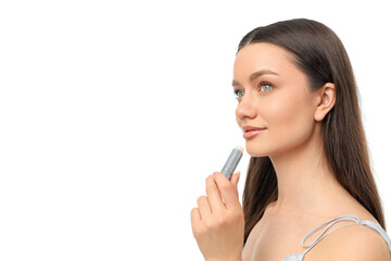 Naklejka premium Woman with long hair applies lip balm on her lips, isolated on white, PNG