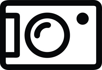 A bold black outline icon of a compact digital camera with a lens isolated on transparent background