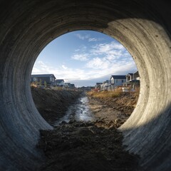 Concrete pipe tunnel view of a new residential area under construction