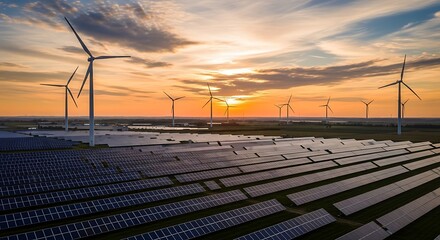 Solar Panels and Wind Turbines at Sunset Renewable Energy Landscape