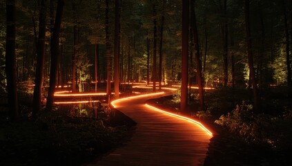 Illuminated boardwalk path winding through dark forest