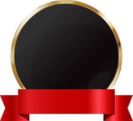 Round black banner with gold frame and red ribbon. Award medal coat of arms design