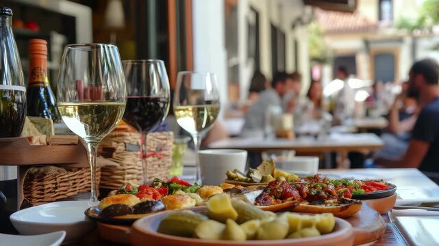 Enjoying outdoor dining with wine and tapas in a charming restaurant on a sunny day