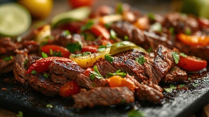 Seared steak with tomatoes and herbs, close-up view.