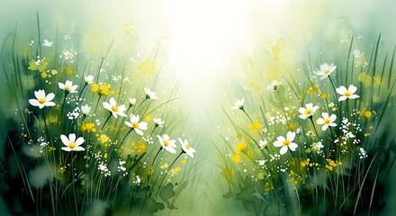 Watercolor Meadow Illustration with White Daisies and Yellow Flowers