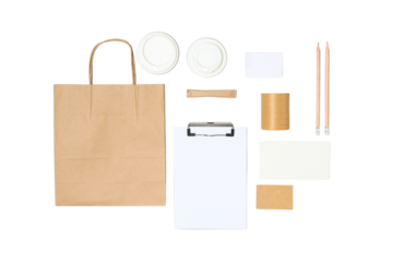 Office supplies neatly organized, isolated on white, PNG