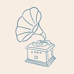 Whimsical line art illustration of vintage gramophone. Doodle drawing of antique musical instrument. Minimal sketch design. Vector graphic