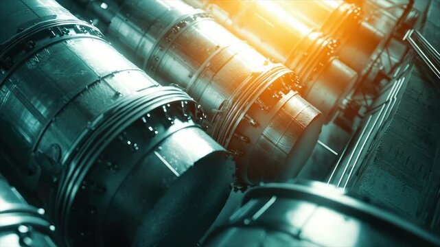 Gleaming metallic cylinders, possibly engine parts, arranged closely together, bathed in warm light
