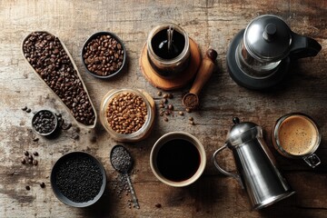 Assorted coffee beans, equipment, and drinks on rustic wood