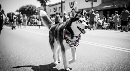 Dog husky wear patriotic red white and blue patriotic necklace on 4th July parade street