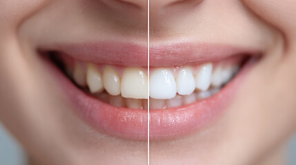 Close up comparison of teeth before and after whitening treatment showing visible difference in dental health and smile brightness