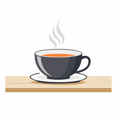 Minimalist flat vector in black and white showing a teacup with herbal tea and gentle steam, placed on a wooden table