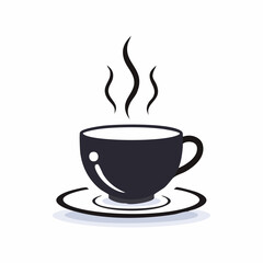 Fototapeta premium Flat black and white vector of a steaming coffee cup on a saucer, with simple curved steam lines rising above it