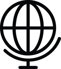 Bold black outline icon of a globe with curved lines representing continents isolated on transparent background