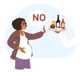 Pregnant woman says no and makes forbidding hand gesture to alcohol. Liquor or sweet cakes. Unhealthy food. Prohibited gesticulation. Booze rejection. Diet for belly mother. Vector concept
