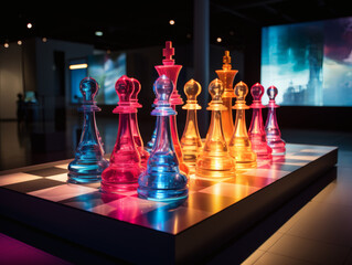 futuristic chess exhibition with glowing LED board, vivid translucent pieces, and digital projections creating immersive play experience