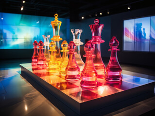 colorful glass chess pieces on high-tech LED board in interactive digital exhibition highlighting artistry and public participation