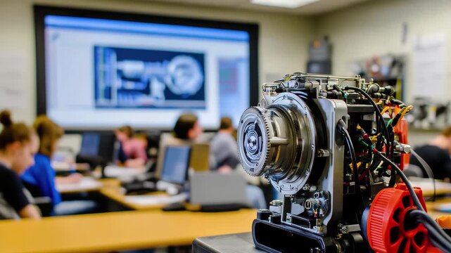 Students engage in hands-on learning with engine components in a classroom setting during a technical workshop