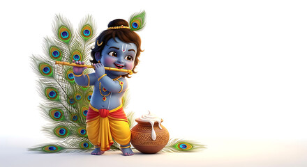 Cartoon Krishna Playing Flute with Peacock Feathers and Pot of Cream