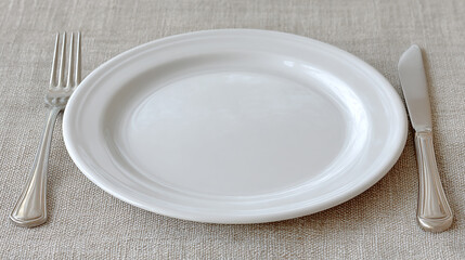 Minimalist white ceramic plate with stainless steel fork and knife placed on textured beige fabric for elegant table setting and dining concept